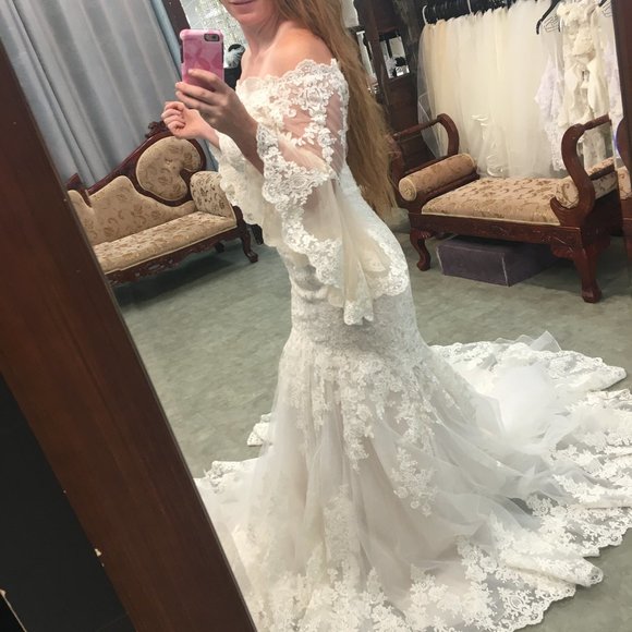 NWT Poet Sleeve Lace Blush/Ivory Wedding Dress - Picture 6 of 16